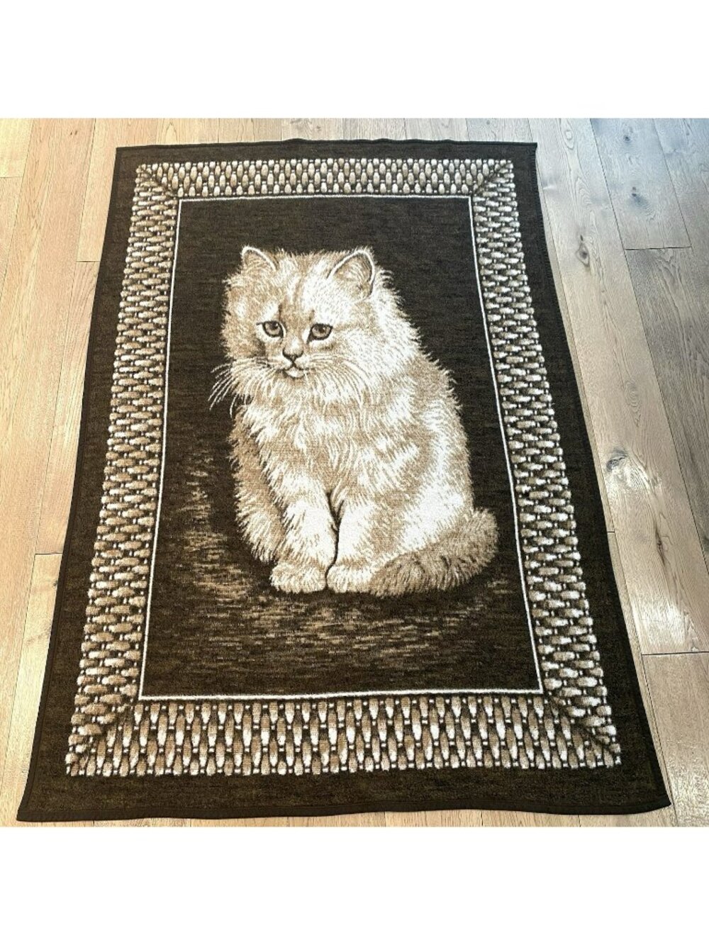 Vintage Biederlack Acrylic Blanket Cat Graphic Brown 76X53 Made in USA